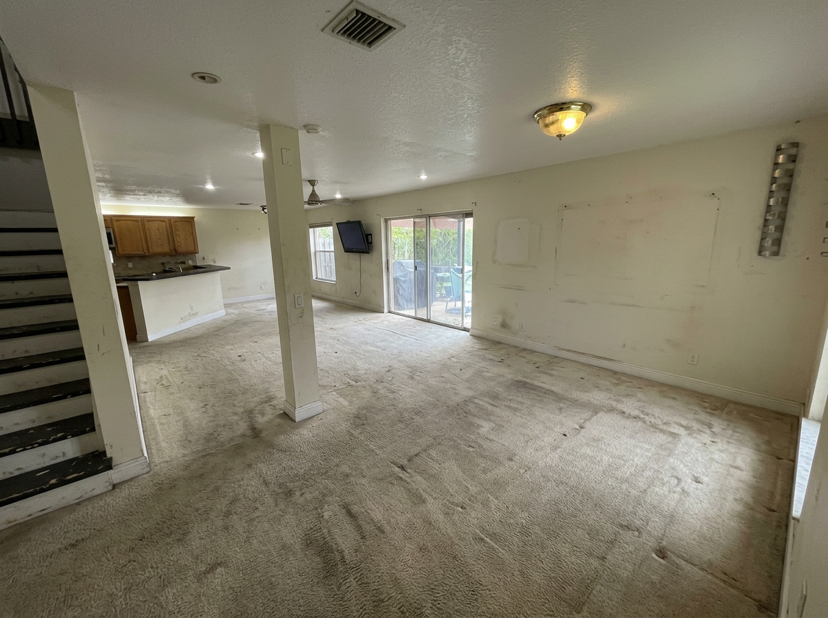 Same living room before — worn carpet and dated fixtures