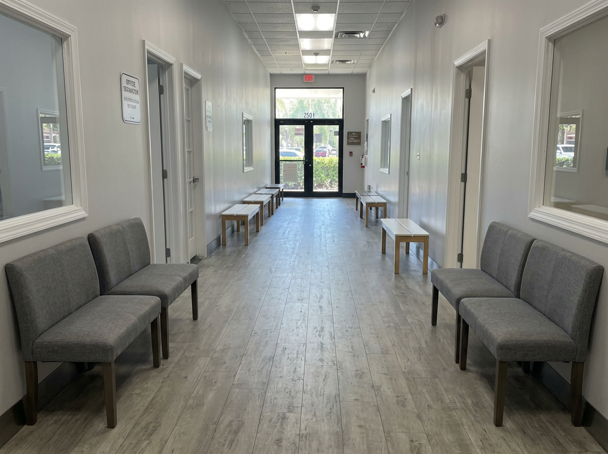 Commercial corridor with wood-look plank flooring