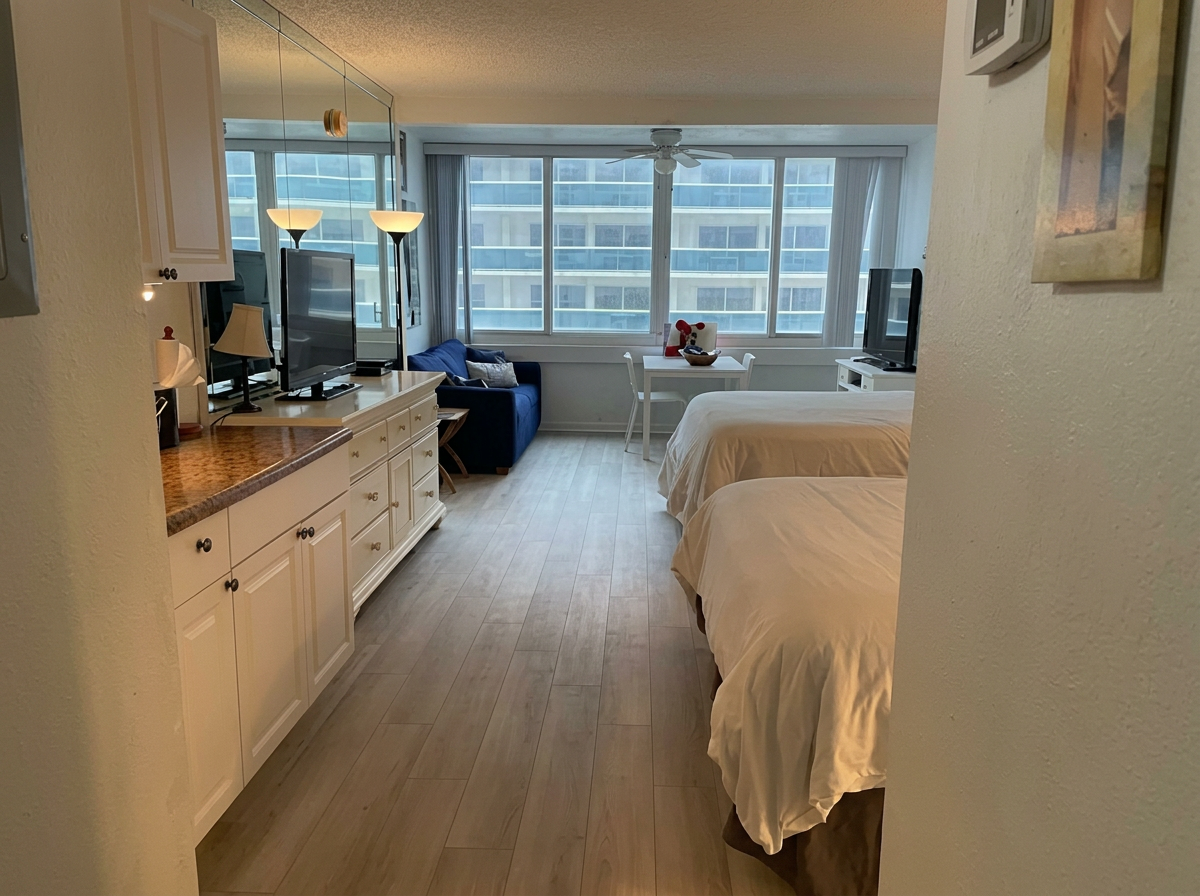 Oceanfront condo suite with light wood floors