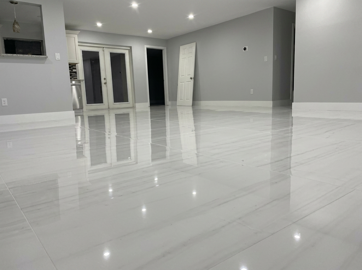 High-gloss white porcelain tile floor installation
