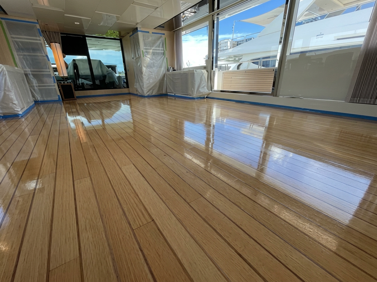 Refinished teak plank flooring with mirror-finish coating